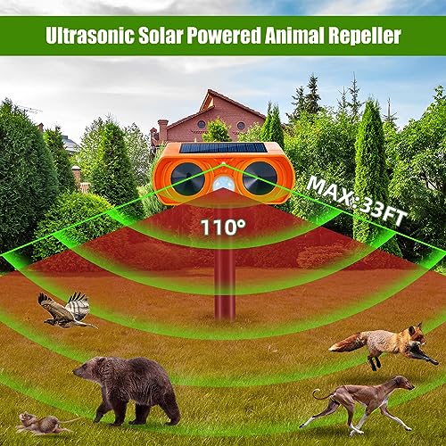 2PCS Ultrasonic Animal Repellent Outdoor Solar Animal Repeller Waterproof with Motion Detection&LED Flashing Light Sensor for Cat,Deer,Skunk Repellent Devices Deterrent for Yard Garden Farm