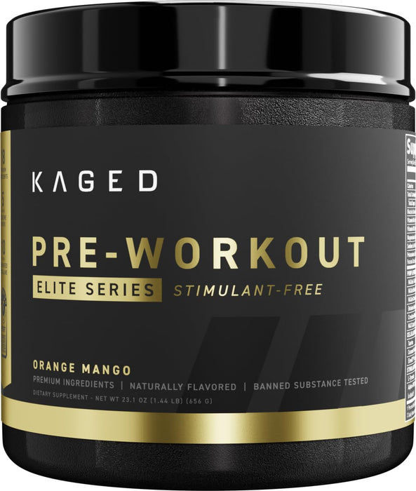 Kaged Pre Workout Powder Pre-Workout Elite Stim-Free for Men & Women | Power, Stamina, Focus, Pumps | L-Citrulline, Beta Alanine, Creatine | Caffeine-Free | Orange Mango | 20 Servings