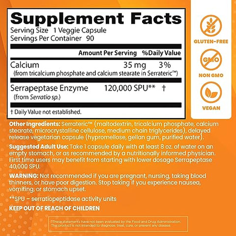 Doctor's Best High Potency Serrapeptase, Non-GMO, Gluten Free, Vegan, Supports Healthy Sinuses, 120,000 SPU, 90 Count