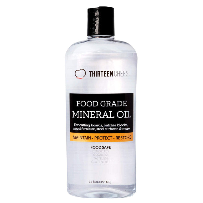 Thirteen Chefs Mineral Oil - 12oz Food Grade Conditioner for Wood Cutting Board, Countertop & Butcher Block, Lubricant for Knife or Meat Grinder - Safe USP Finish on Marble, Soapstone