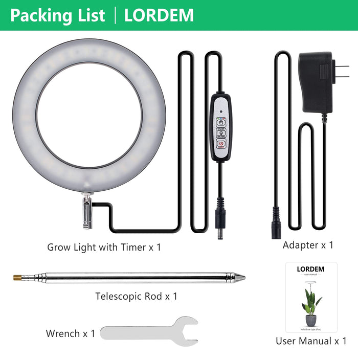 LORDEM Black Full Spectrum LED Grow Light, 72 LEDs, 4 Brightness Settings, Auto On/Off Timer, Height Adjustable, Ideal for Large Plants