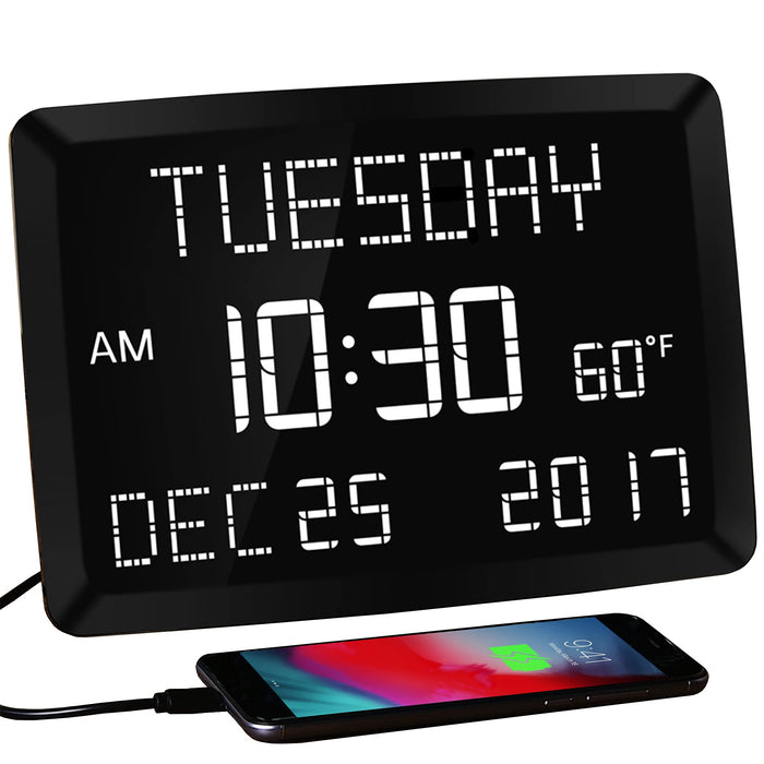 11.5” Digital Wall Clock with Date,Time,Week,Indoor Temperature,3 Alarms,5 Dimmer,2 USB Chargers,Battery Backup,Snooze,12/24H for Elderly,Parents,Impaired Vision,Dementia,Memory Loss,Office,Bedroom