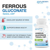 Puregen Labs Ferrous Gluconate 324 mg [High Potency] Iron Supplement, Gentle on Stomach | 2 Pack - 200 Tablets Total