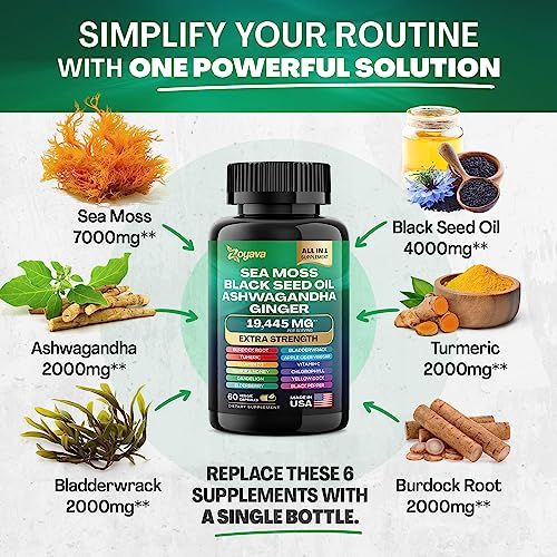 Sea Moss 7000mg Black Seed Oil 4000mg Ashwagandha 2000mg Turmeric 2000mg Bladderwrack 2000mg Burdock 2000mg & Ginger Vitamin C Vitamin D3 with Elderberry Manuka Dandelion Yellow Dock Chlorophyll ACV