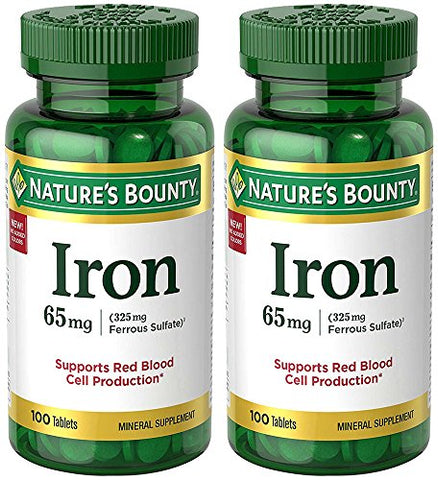 Iron 65 mg (325 mg Ferrous Sulfate), 2 Bottles (100 Count)