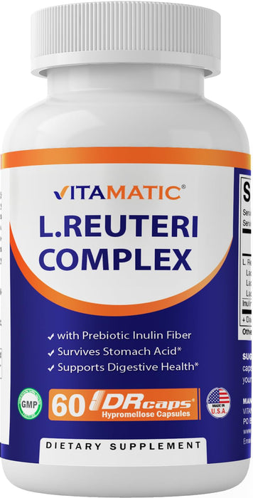 Vitamatic Lactobacillus Reuteri Complex - 22 Billion per DR Capsule - 60 Count - Digestive Support - Made with Prebiotic Inulin Fiber