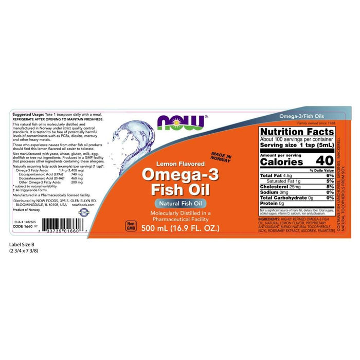 NOW Supplements, Omega-3 Fish Oil Liquid, Molecularly Distilled, Lemon Flavored, 16.9-Ounce