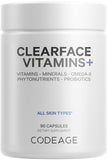 Codeage Clearface Pantothenic Acid, Niacin Supplement, Vitamins A, C, D3, E, Probiotics, Zinc, Riboflavin, Thiamin, L-Lysine HCL & Omega-3, Niacinamide, Skin Botanical Blend - Non-GMO - 90 Capsules