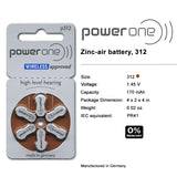 Power One Size 312 Zinc Air Hearing Aid Batteries No Mercury (42 batteries)