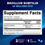 Vitamatic Bacillus Subtilis 10 Billion per DR Capsule - 60 Count - Digestive, Gut & Immune Health Support - Made with Prebiotic Inulin Fiber