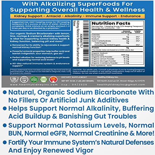 Organic Sodium Bicarbonate Alkaline Supplement For Alkalinity. Support Kidneys & Stomach Acid Neutralizer with Alkaline Superfoods. Sodium Bicarbonate Powder Kidney Immune Support Antacid Sports 1 LB.