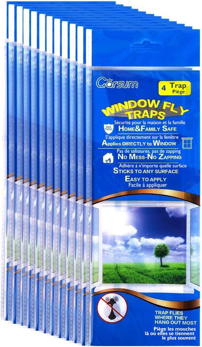 Garsum Window Fly Traps Indoor, Fly Paper Bug Sticky Strips, House Fly Killer Window Decal Non-Toxic,4 Piece per Pack Total 48 Pices