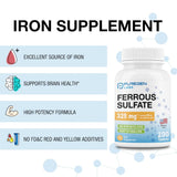 Puregen Labs Ferrous Sulfate 325 mg (65 mg Elemental Iron) High Potency Iron Supplement | No Artificial Color Additives - Total 400 Tablets Made in USA