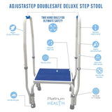 AdjustaStep(tm) DoubleSafe Deluxe Step Stool/Footstool with Dual Handle/Handrail, Height Adjustable. Modern White/Blue Design. Padded Non-Slip Hand Grips