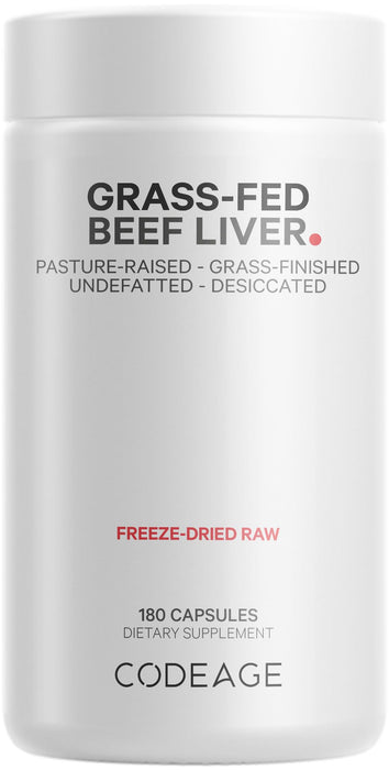 Codeage Grass Fed Beef Liver Supplement Superfood, Freeze Dried, Non-Defatted, Desiccated Beef Liver Glandulars Bovine Pills, Liver Health, Pasture Raised Beef Vitamins, Non-GMO, 180 Capsules