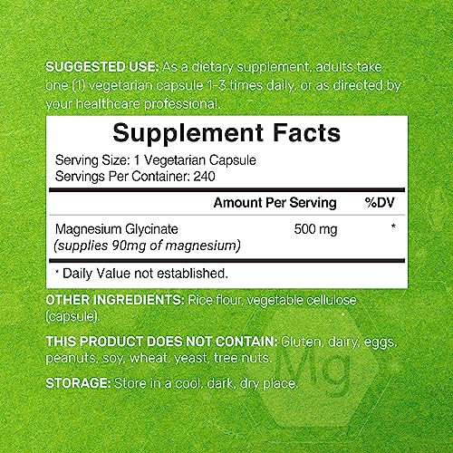 2 Pack Magnesium Glycinate 500mg, 480 Veggie Capsules | Chelated for Easy Absorption | Highly Purified Essential Trace Mineral for Muscle, Joint, Heart, & Digestive Health