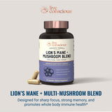 Live Conscious Lions Mane Mushroom Supplement Capsules for Brain Support w/Functional Mushrooms: Lion's Mane, Cordyceps, Reishi, and Turkey Tail Mushrooms - Cognitive Memory Supplement for Brain