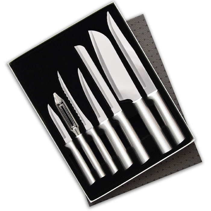 Rada Cutlery Knife 7 Stainless Steel Kitchen Knives Starter Gift Set with Brushed Aluminum Made in USA, Silver Handle