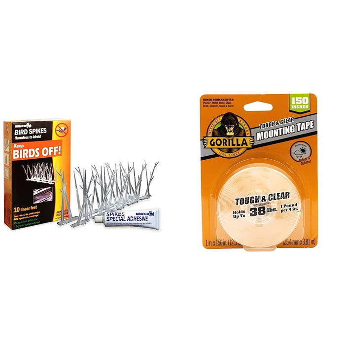 Bird Repellent Spikes, 10 ft. L and Gorilla Tough & Clear Double Sided Adhesive Mounting Tape, Extra Large, 1" x 150", Clear, (Pack of 1)