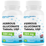 Puregen Labs Ferrous Gluconate 324 mg [High Potency] Iron Supplement, Gentle on Stomach | 2 Pack - 200 Tablets Total