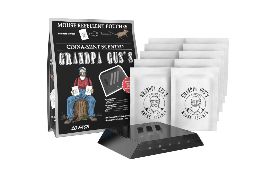 Grandpa Gus's Extra-Strength Mouse Repellent (10 Pouches) Bundled with a Pouch Holder, Cinnamon/Peppermint Oils Repel Mice from Nesting & Freshen Air in Car/RV/Boat/Garage/Shed/Cabin