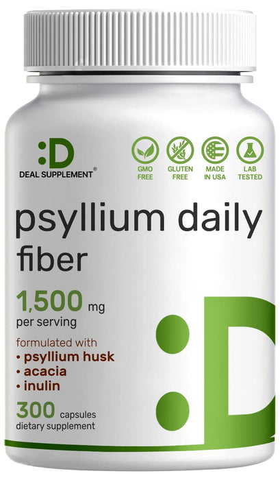 Psyllium Husk 1500mg Per Serving, 300 Capsules – 3 in 1 Fiber with Inulin & Acacia Complex – Natural Soluble Fiber Supplement, Supports Digestive Health – Plant Based, Non-GMO