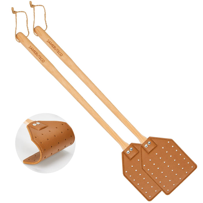 SAMEBUTECO Heavy-Duty Leather Fly Swatter with Bench Wood Handle - 19.7" Length, Ideal for Effective Insect Control (2-Pack, Brown)