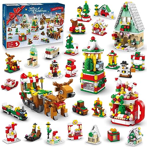 Christmas Advent Calendar 2023 Building Set, HOGOKIDS Countdown Playset 24 Collectible Surprise, 1099 PCS Christmas Toy Tree Santa Party Favors Building Block, Xmas Gift for Kids Boys Girls Ages 6-12+