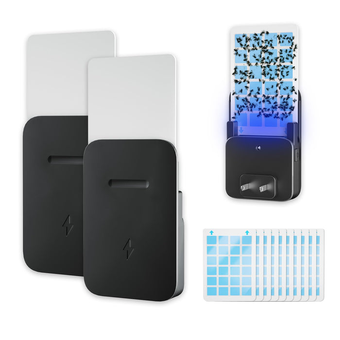 Carmelie Fly Trap Indoor, Fruit Fly Trap for Indoors, Plug-in Flying Insect Traps Catcher with Dimmable UVA Attract Night Light Mode, for House Flies Bugs Mosquito Pest, Black(2 Device+10 Glue Cards)