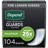 Depend Incontinence Guards/Incontinence Pads for Men/Bladder Control Pads, Maximum Absorbency, 104 Count (2 Packs of 52), Packaging May Vary