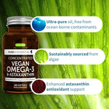 Pure & Essential Vegan Omega 3 & Astaxanthin, High Concentration EPA DHA Algae Oil, Sustainable & Pure, 600mg DHA & EPA for Heart, Brain & Eye Health, 180 Small Softgels