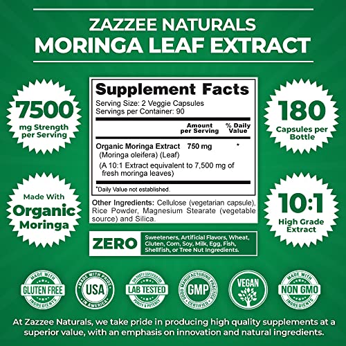 Zazzee Organic Moringa Oleifera 10:1 Extract, 7500 mg Strength, 100% Pure Superfood, 180 Vegan Capsules, Concentrated and Standardized 10X Leaf Extract, Vegetarian, All-Natural and Non-GMO