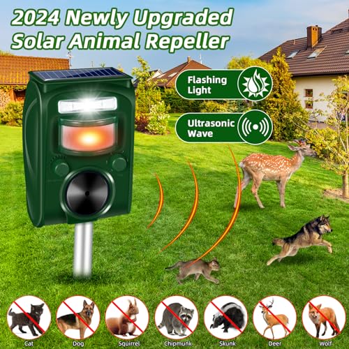 2024 Upgraded Ultrasonic Animal Repellent Outdoor,Cat Repellent Outdoor Solar Animal Repeller with Motion Sensor Strobe Light Raccoon Repellent Deer Repellent Coyote Deterrent Skunk Repellent for Yard