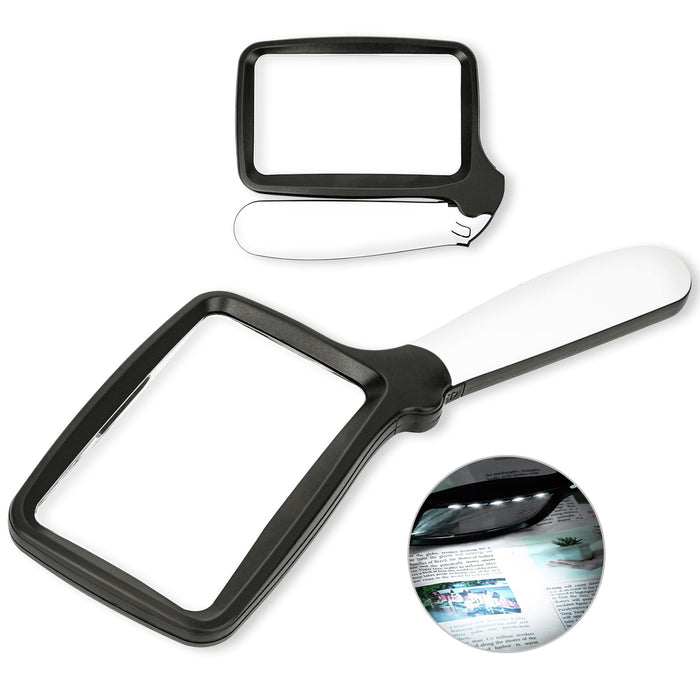 Arsir 3X Folding Magnifying Glass with Light, Retancular Lighted Magnifier with 5 LED Lights, Handhold Page Magnify Lens Seniors Gift for Reading Books, Coins, Maps, Inspection, Kid Exploring -Black