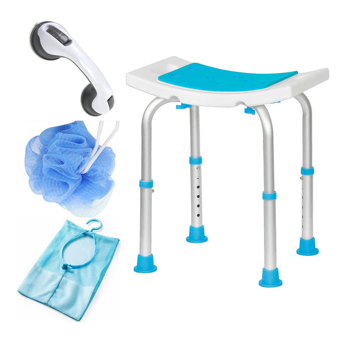 ROLLATOO Shower Chair for Inside Shower - Shower Stool with Assist Shower Grab Bar/Bath Sponge/Toiletry Bag, Tool-Free Assembly Bathroom Bathtub Showers Seat Bench for Seniors Disabled Elderly