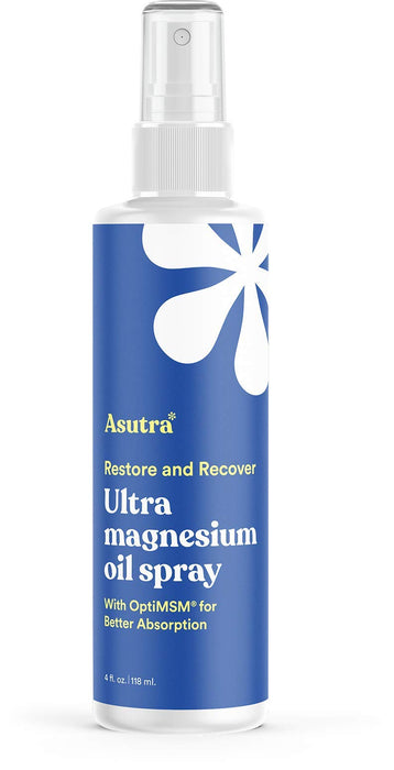 ASUTRA Ultra Topical Magnesium Oil Spray with OptiMSM, 4 Fl Oz | Rapid Absorption | Odorless and Non-Greasy