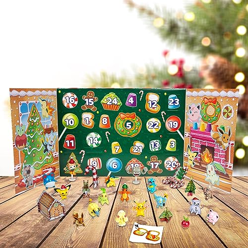 Pokémon 2023 Holiday Advent Calendar for Kids, Boys & Girls - 24 Piece Gift Playset - Characters Featured: Pikachu, Eevee, Charmander & More! - 16 Holiday Toy Figures & 8 Christmas Accessories - 4+