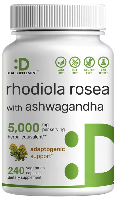 DEAL SUPPLEMENT Rhodiola Rosea with Ashwagandha 5,000mg Per Serving, 240 Veggie Capsules – Max Strength 10:1 Root Extract – Adaptogenic Supplements for Relaxation, Energy, & Brain Health – Non-GMO