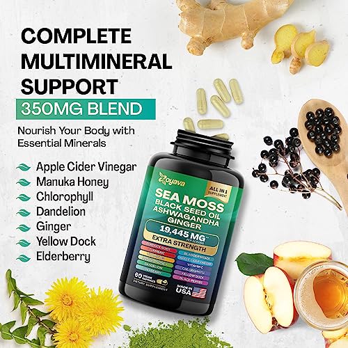 Sea Moss 7000mg Black Seed Oil 4000mg Ashwagandha 2000mg Turmeric 2000mg Bladderwrack 2000mg Burdock 2000mg & Ginger Vitamin C Vitamin D3 with Elderberry Manuka Dandelion Yellow Dock Chlorophyll ACV