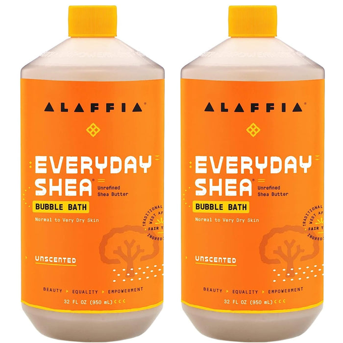 Alaffia Everyday Shea Bubble Bath, Cleanse, Soothe & Moisturize Skin, Made with Fair Trade Shea Butter, Cruelty Free, No Parabens, Vegan, Unscented, 2 Pack – 32 Fl Oz Ea