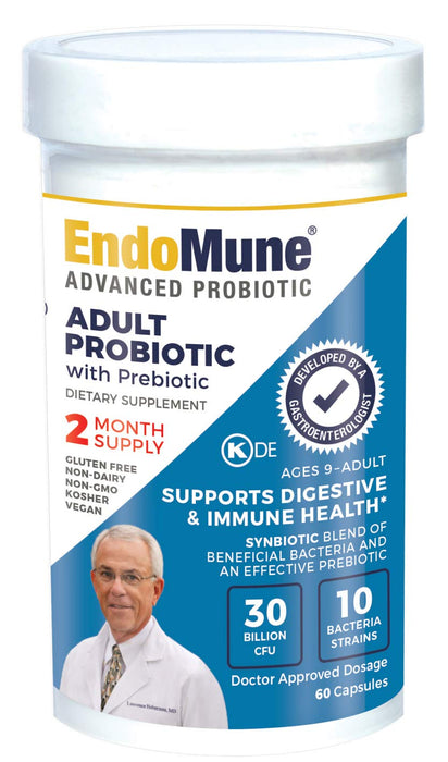 Endomune Advanced Adult Multi-Strain Probiotic Supplement with Prebiotic | 10 Strains, 30 Billion CFU | Physician Formulated (60-Count)