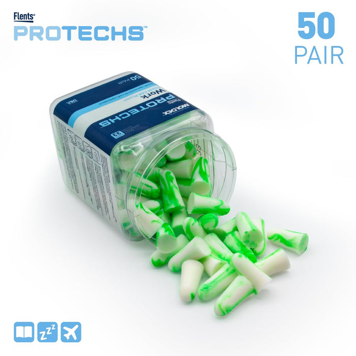 Flents Protechs Foam Ear Plugs for Work, Loud Noise, Heavy Machinery, Construction, Studying & Traveling, NRR 33, Green, Made in The USA, 50 Pair