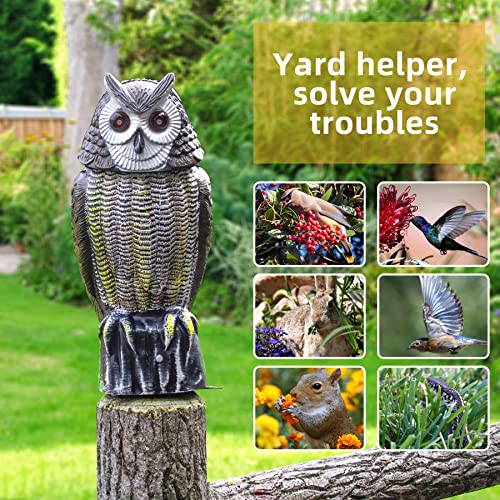 molemo Solar Bird Repellent, Owl Decoy Bird Deterrent Devices Outdoor with Flashing Eyes & Realistic Sound & Rotating Head, Intelligent Animal Repeller for Home, Garden, Patio, RV, Halloween