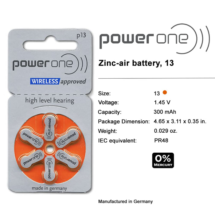 PowerOne Hearing Aid Batteries No Mercury Size 13, PR48 (60 Batteries) + Battery Keychain Kit