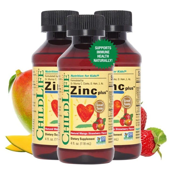 ChildLife Essentials Liquid Zinc Plus - All-Natural Support for Optimal Immune System Function, Allergen-Free, Zinc Drops for Kids, Infants, & Teens - Mango Strawberry Flavor, 4 Fl Oz (Pack of 3)