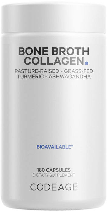 Codeage Organic Bone Broth Collagen Peptides Capsules Supplement, Grass Fed Beef Bone Broth, Free-Range Chicken Bone Broth, Turmeric & Ashwagandha, Bones, Cartilage, Skin, Joint Support - 180 Capsules