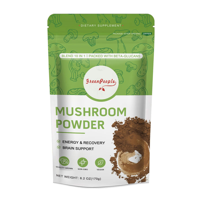 GREENPEOPLE Mushroom Powder - Mushrooms Supplement Blend for Coffee & Smoothies - Lions Mane, Turkey Tail, Reishi, Chaga, Shiitake, Cordyceps, Complex - 6.2oz Mushroom Supplement(60 Servings)