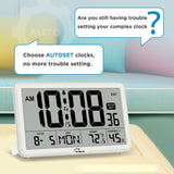 WallarGe Auto Set Digital Wall Clock Battery Operated, Desk Clocks with Temperature, Humidity and Date, Large Display Digital Calendar Alarm Clock for Elderly, Bedroom, Office, 8 Time Zone, Auto DST.