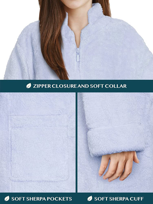 PAVILIA Womens Housecoat Zip Robe, Sherpa Zip Up Front Robe Bathrobe, Fuzzy Warm Zipper House Coat Lounger for Women Ladies Elderly with Pockets, Fluffy Fleece Long - Light Blue (Small/Medium)