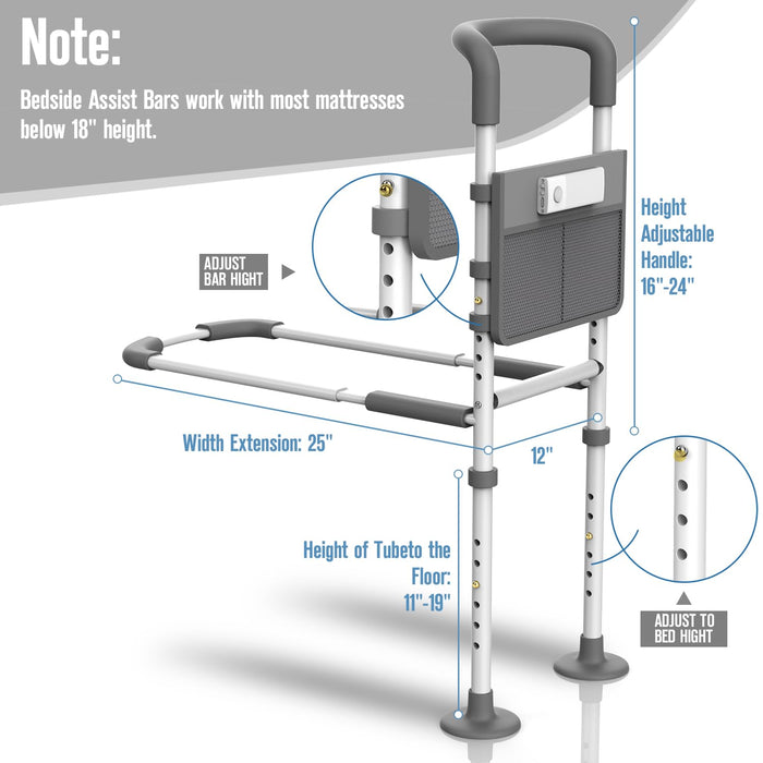 Agrish Bed Rails for Elderly Adults - with Motion Light & Storage Pouch, Bedside Assist Bar with Support Legs for Seniors & Surgery Patients - Adjustable Medical Bed Handles Fit Any Bed